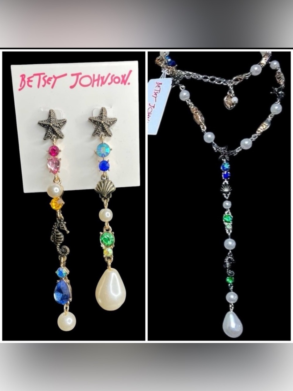 BETSEY JOHNSON SET Seahorse Starfish Seashell & Pearl Necklace & Earrings NWT